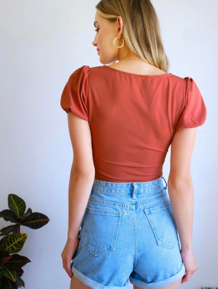 Sweetheart Neck Puff Sleeve Cut Out Knot Front Crop Top