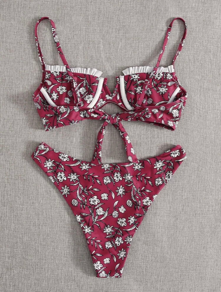 Floral V Wired Underwire High Leg Bikini Swimsuit