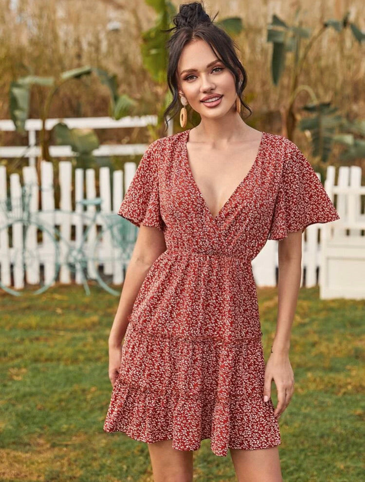 Plunging Neck Frill Trim Ditsy Floral Dress