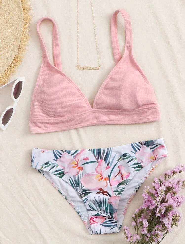 Tropical Ribbed Triangle Bikini Swimsuit
