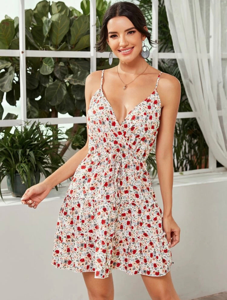 Layered Hem Tie Front Floral Cami Dress