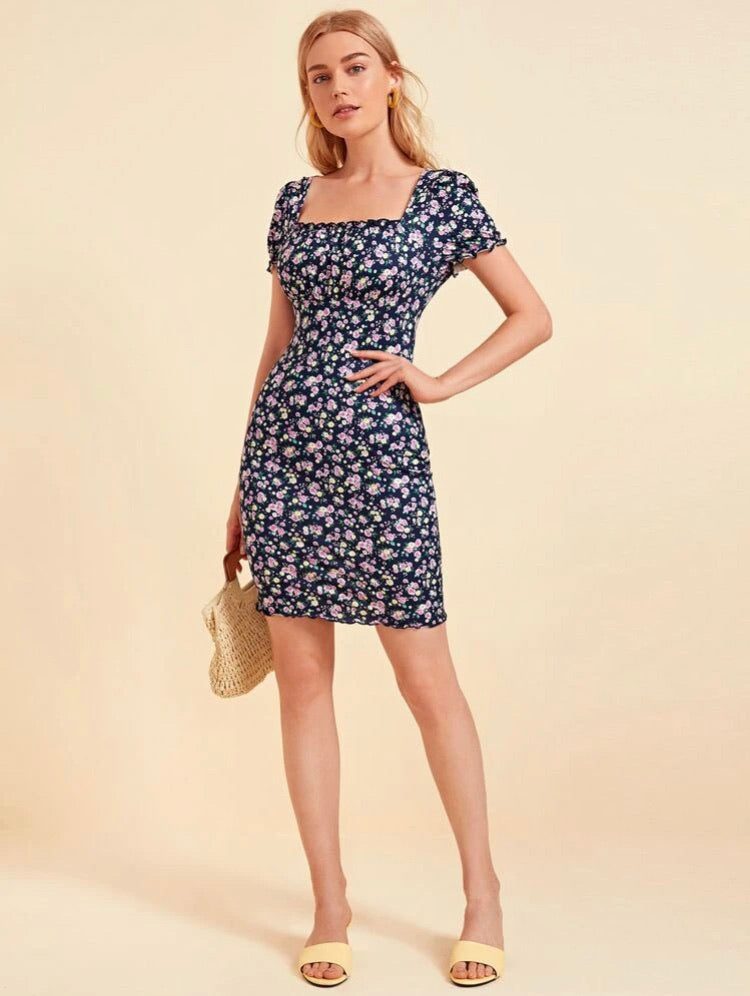 Floral Print Frill Trim Bodycon Dress