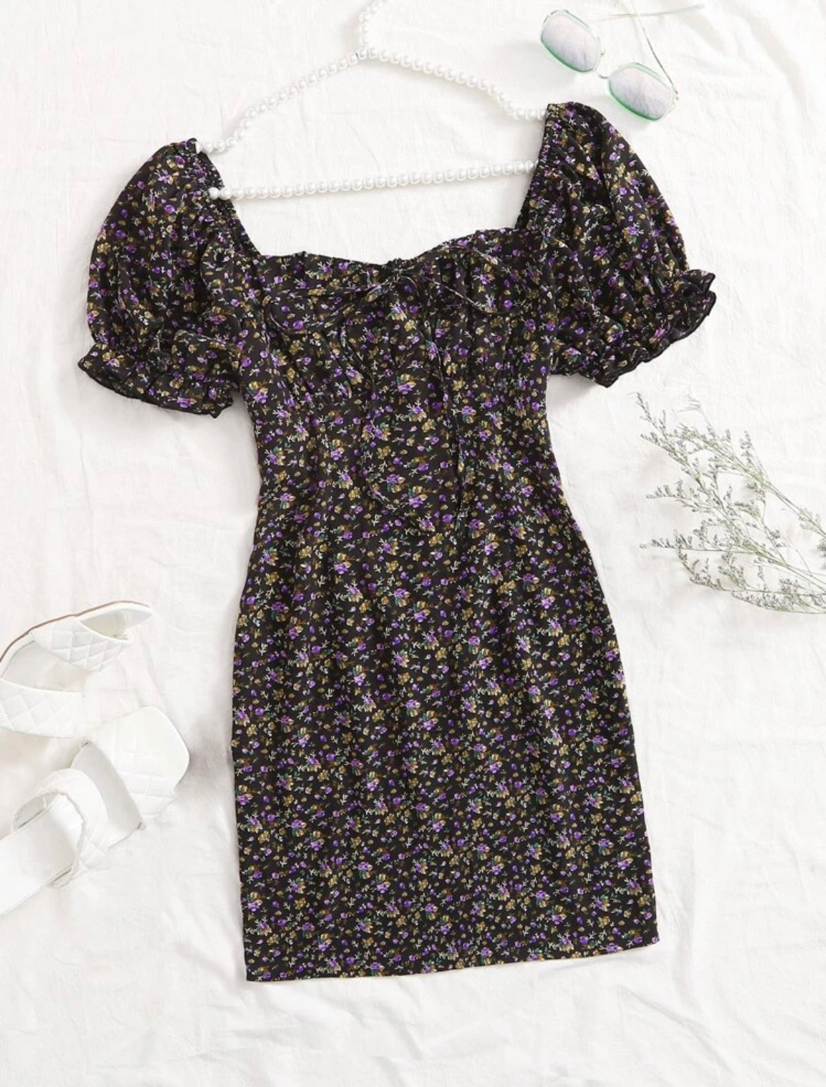 Puff Sleeve Sweetheart Neck Tie Front Ditsy Floral Dress