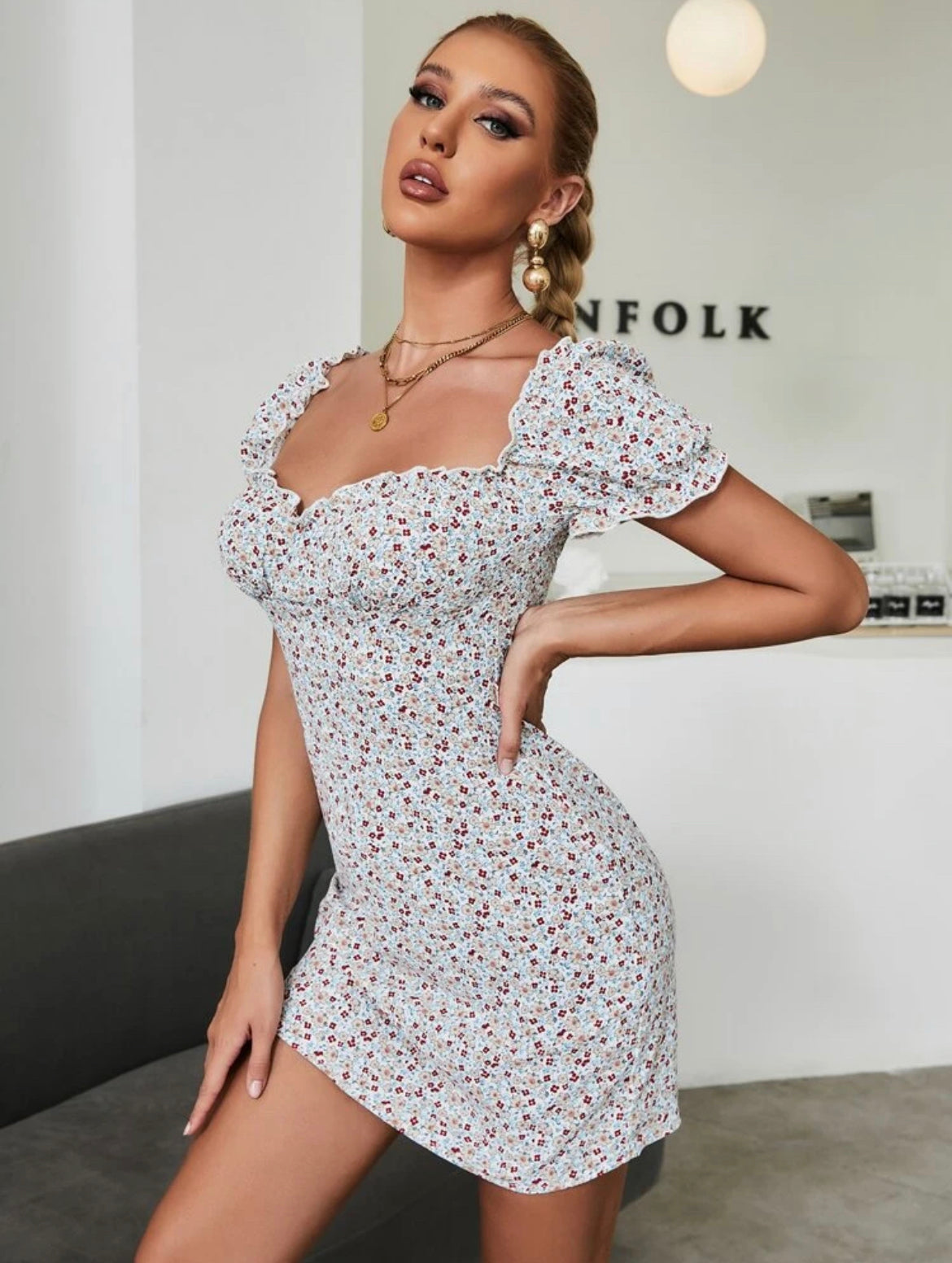 Ditsy Floral Frill Trim Milkmaid Dress