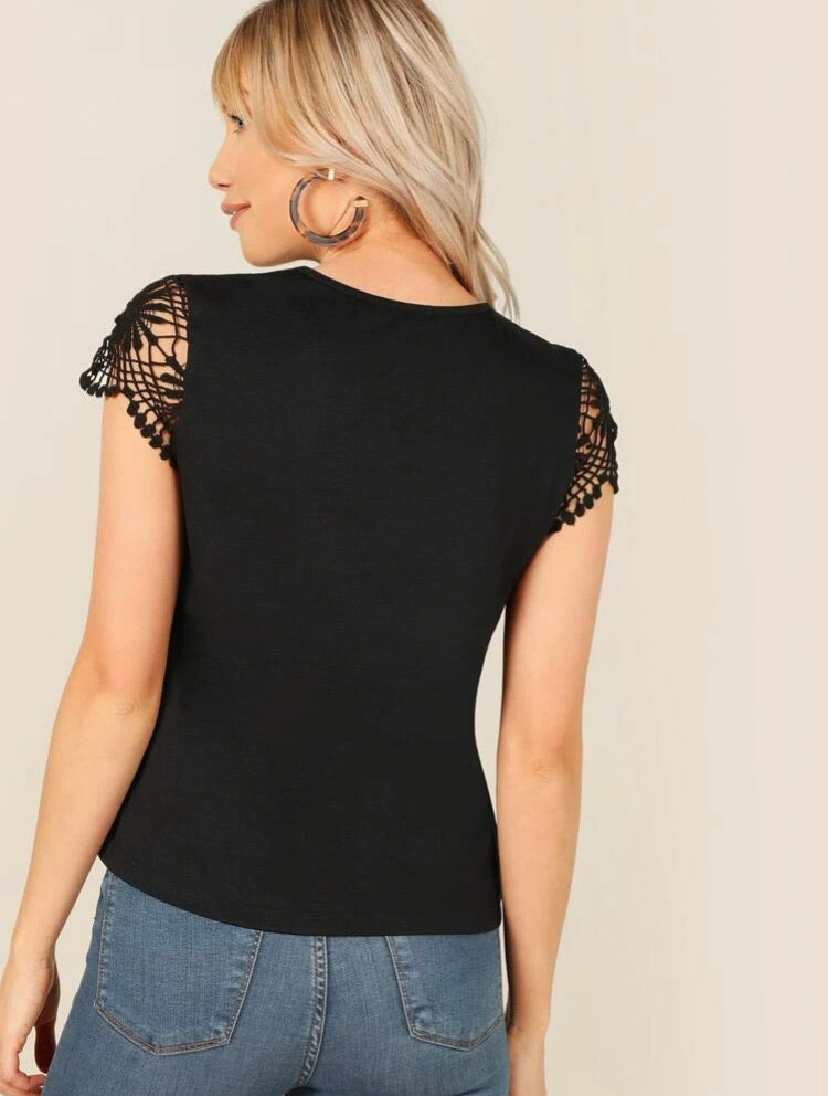 Keyhole Neck Guipure Lace Sleeve Top