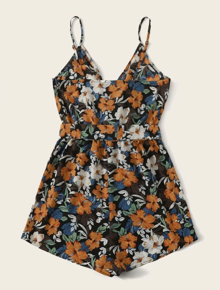 Surplice Neck Self Belted Floral Print Slip Romper