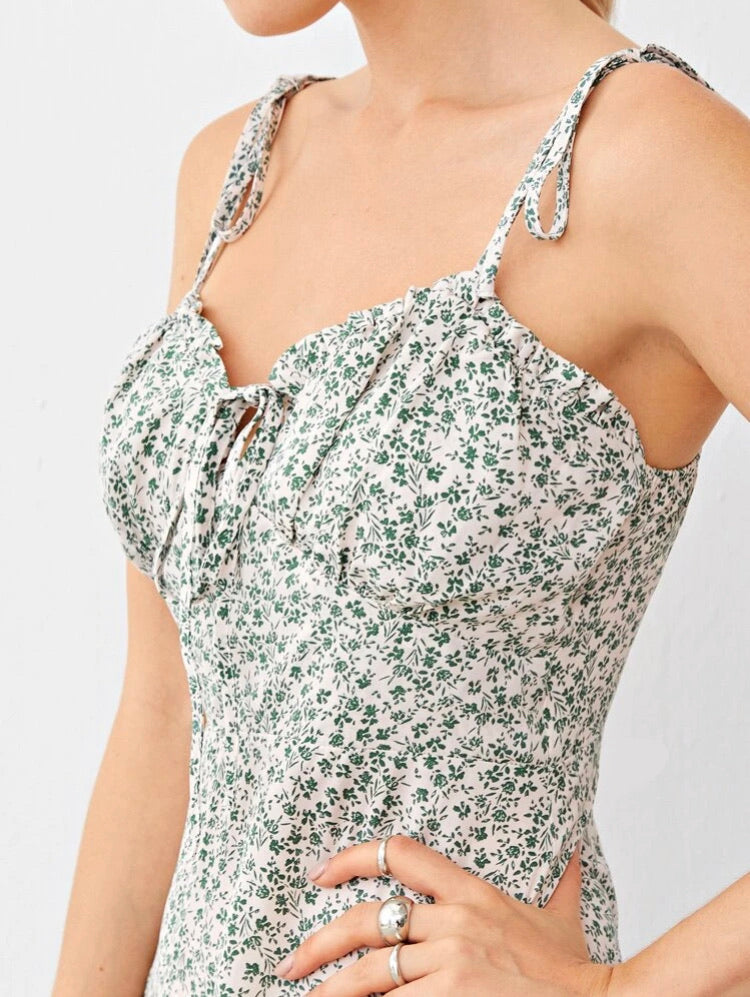 Tied Shoulder Ruched Bust Ditsy Floral Cami Dress
