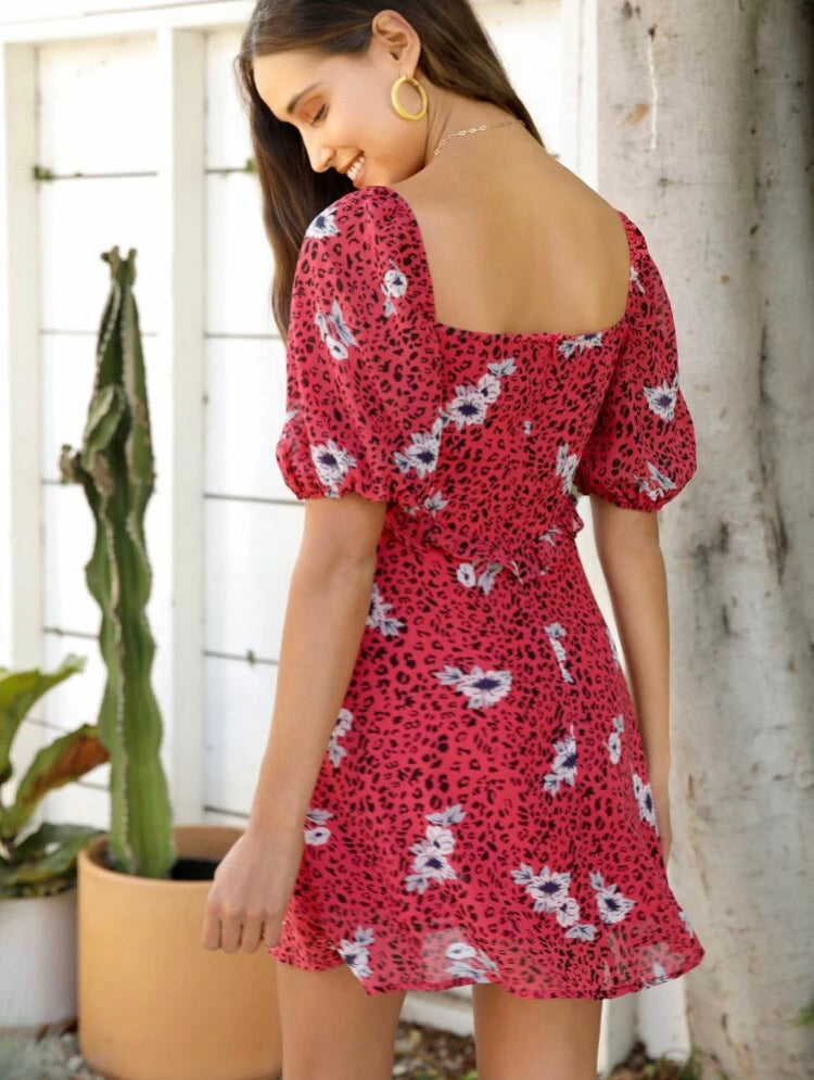 Lace Up Front Puff Sleeve Ruffle Detail Dress