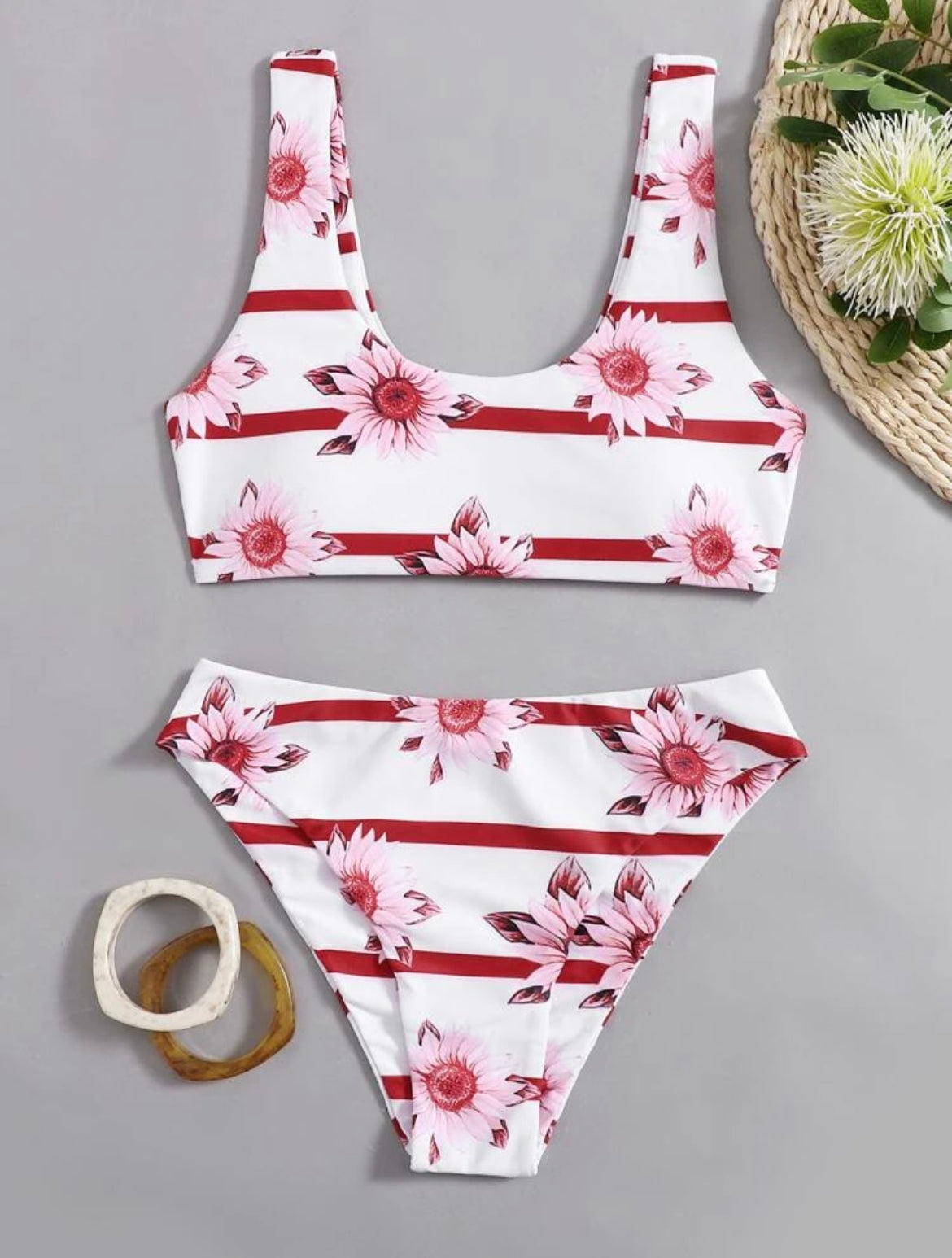 Floral & Stripe Print Bikini Swimsuit