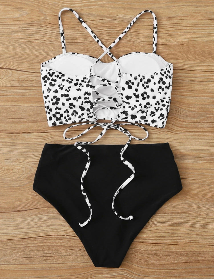 Dalmatian Print Lace Up Back Bikini Set