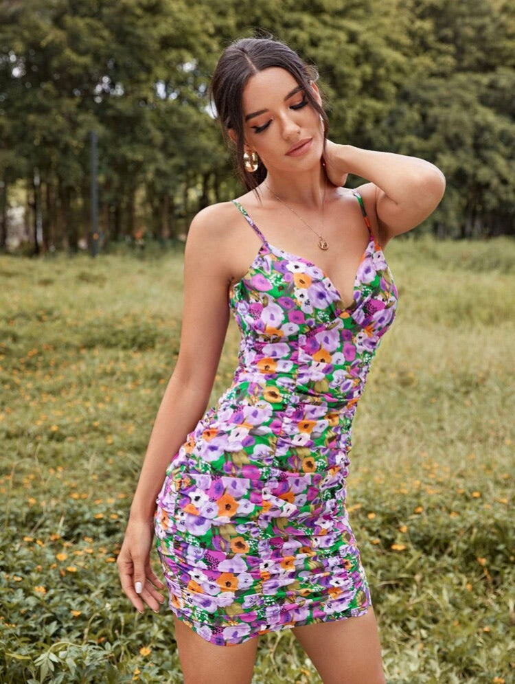 Ruched Allover Floral Print Cami Dress