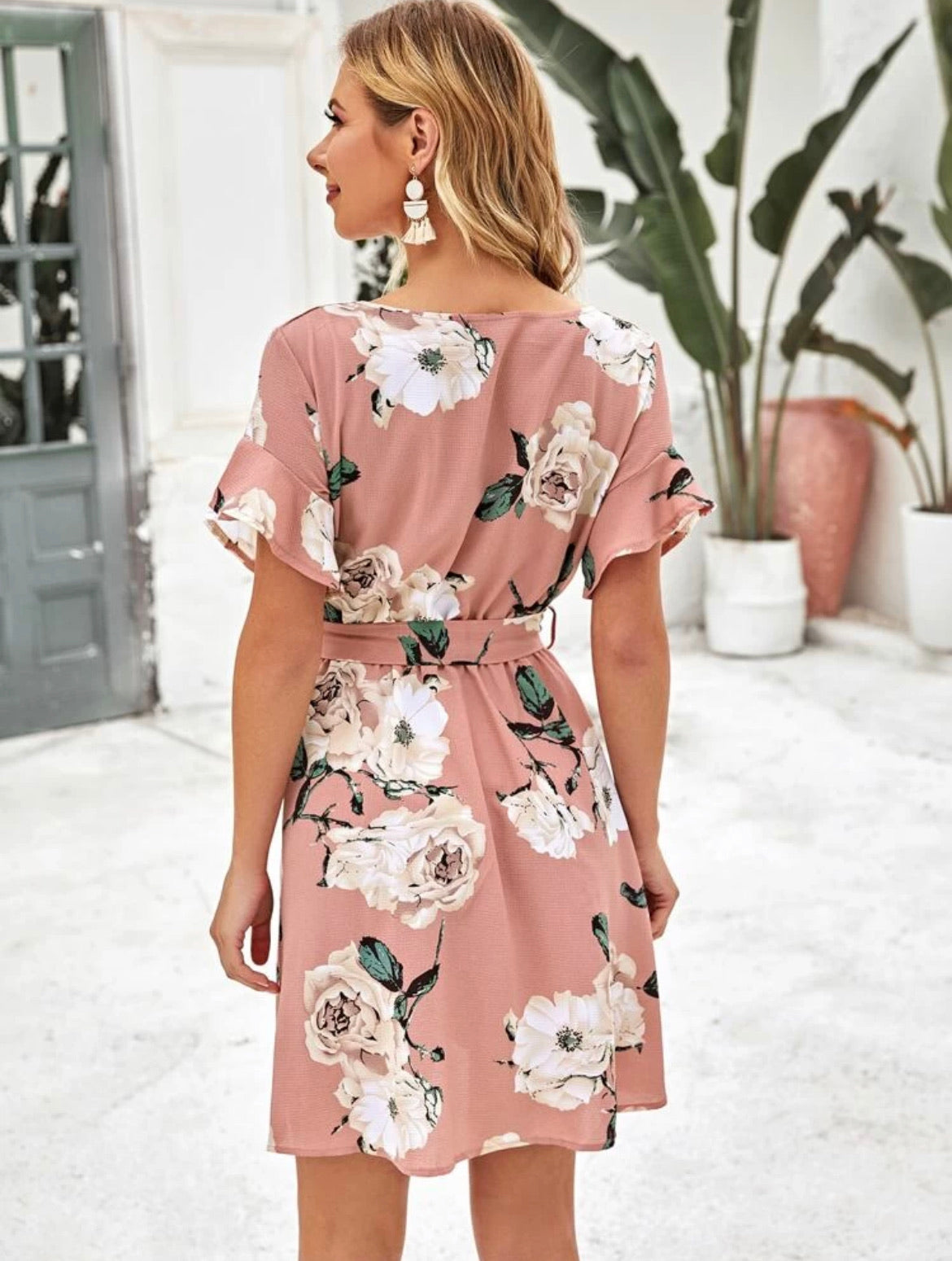 Flounce Sleeve Belted Floral Print Dress
