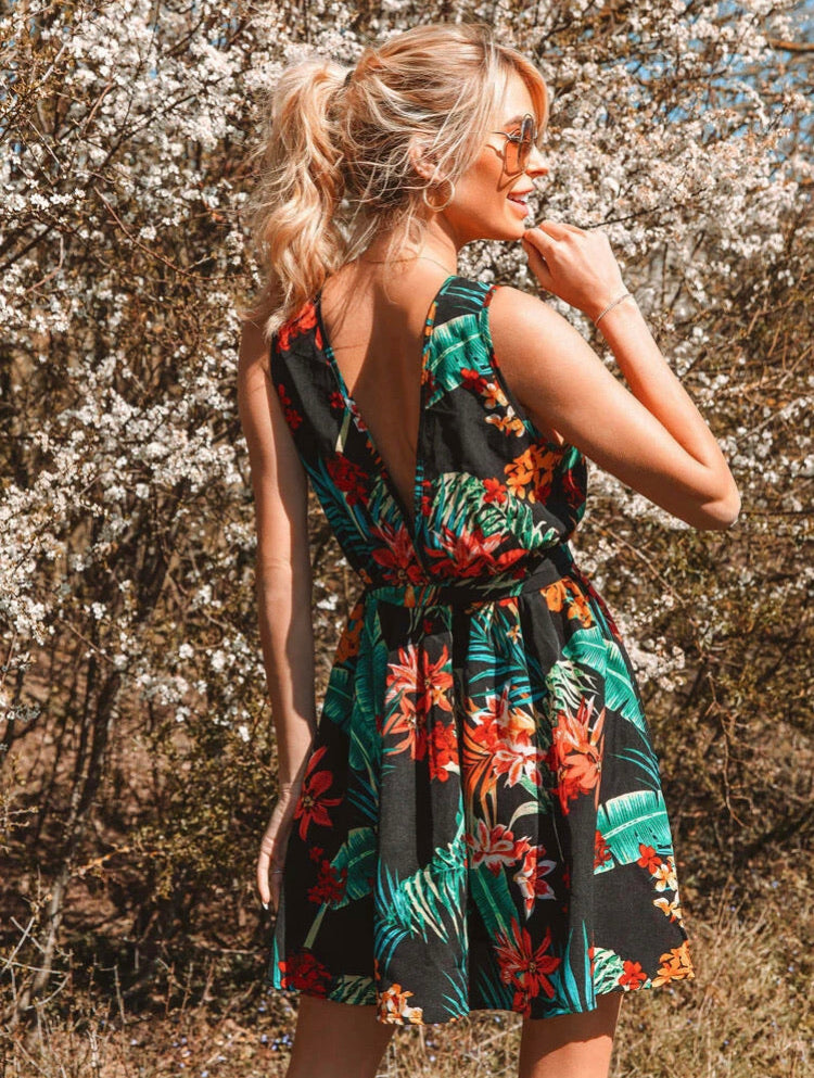 Low Back Tropical Print Belted Dress