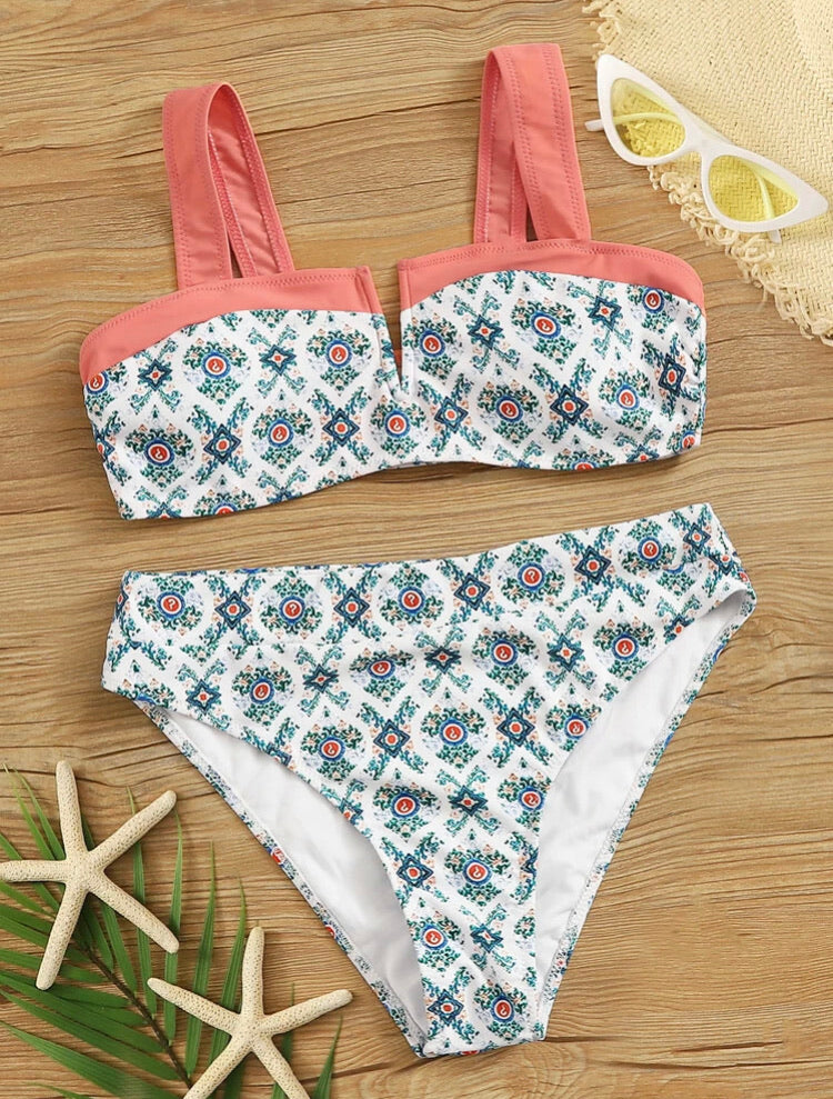 V-cut Tribal Print Top With High Waist Bikini