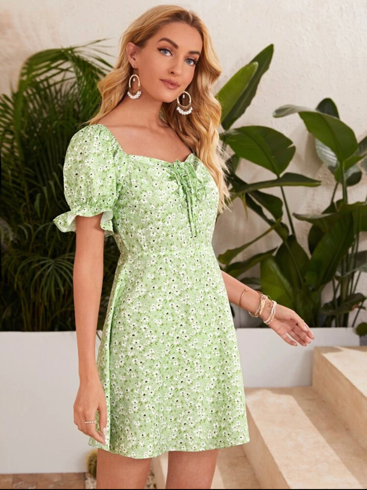 Ruffle Cuff Puff Sleeve Ruched Bust Ditsy Floral Milkmaid Dress