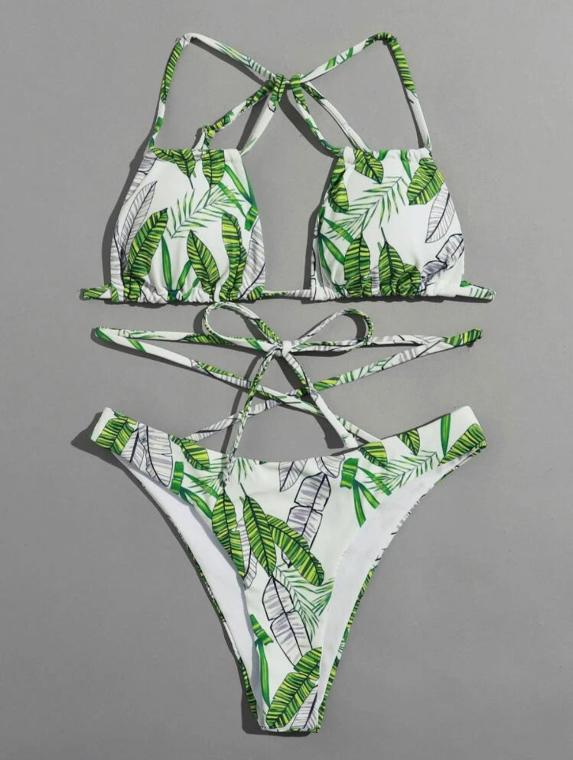 Tropical Leaf Crisscross Detail Bikini Swimsuit