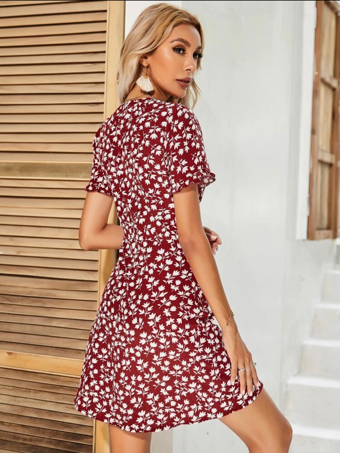 Allover Floral Print V-neck Flounce Sleeve Dress