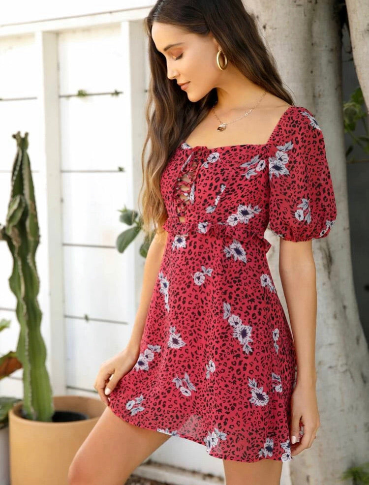 Lace Up Front Puff Sleeve Ruffle Detail Dress