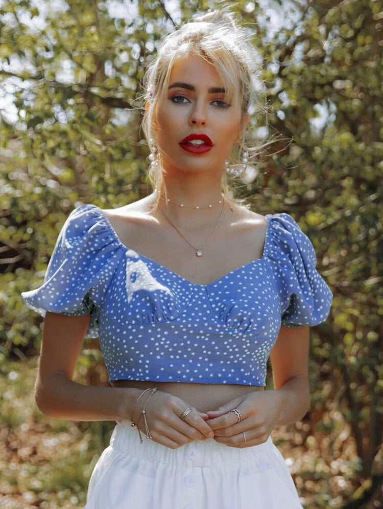 Puff Sleeve Shirred Back Polka Dot Milkmaid Top