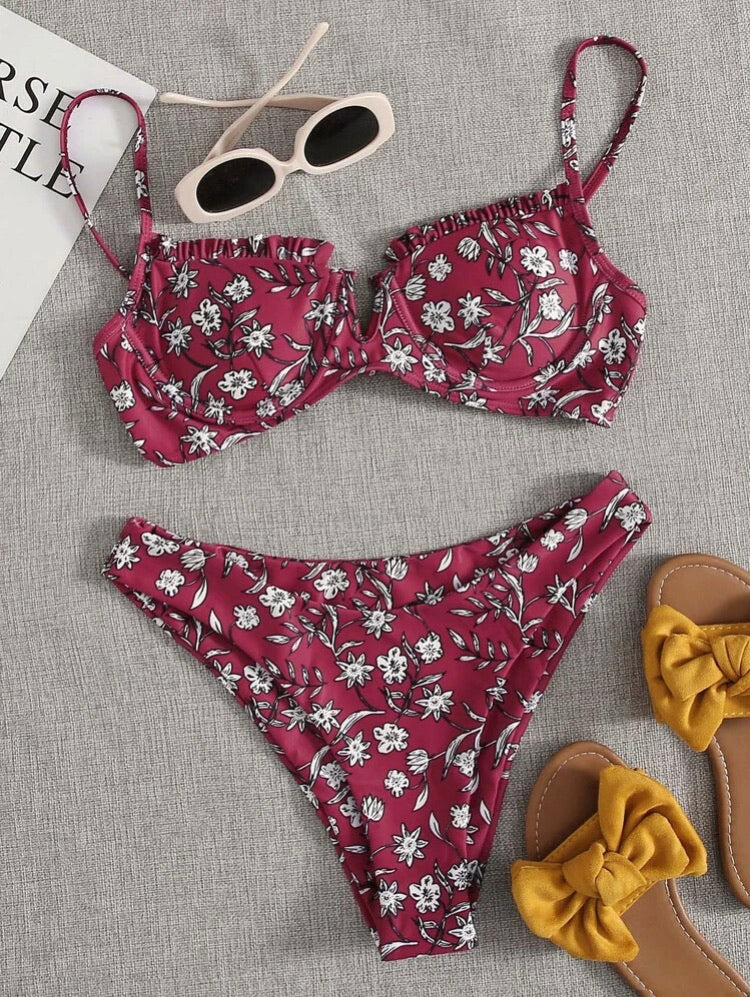 Floral V Wired Underwire High Leg Bikini Swimsuit