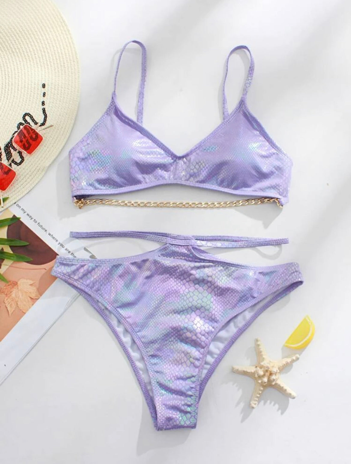 Snakeskin Metallic Chain Linked Cut Out Bikini Swimsuit