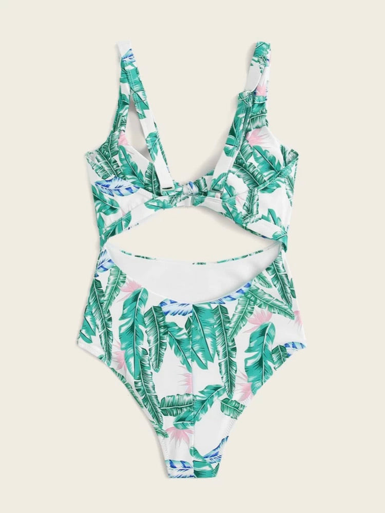 Tropical Cut-out Knot Front One Piece Swimsuit