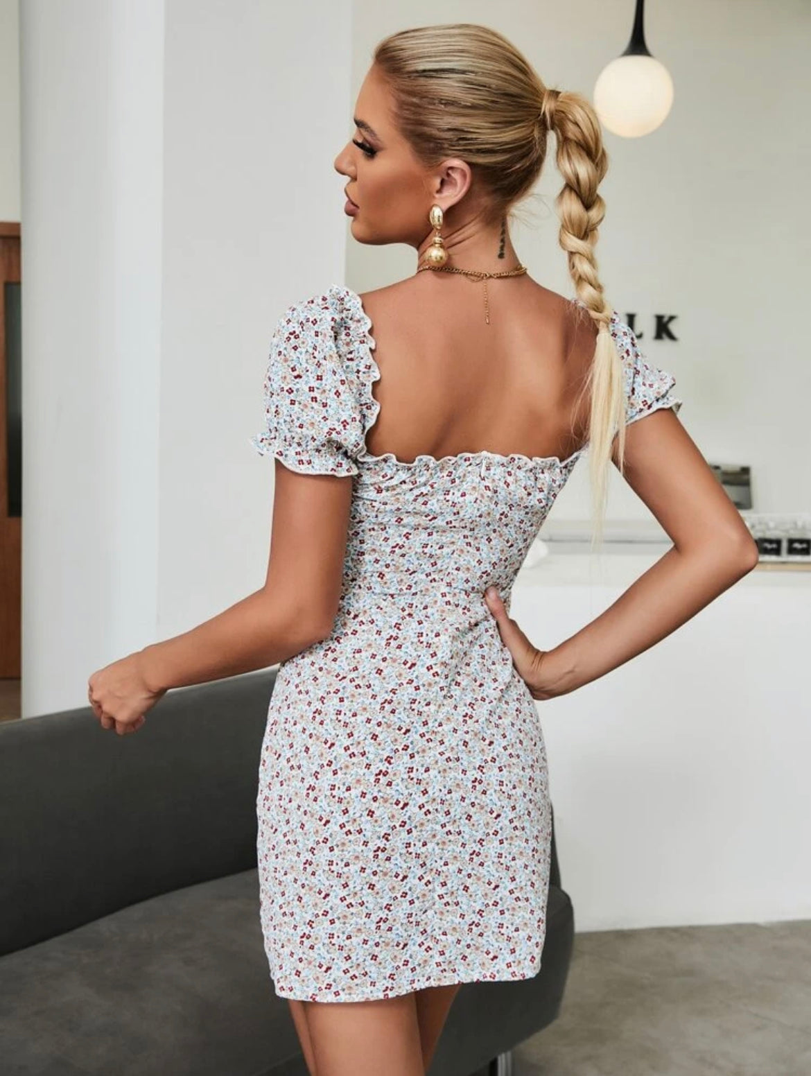Ditsy Floral Frill Trim Milkmaid Dress