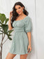 Frill Trim Puff Sleeve Shirred Dress