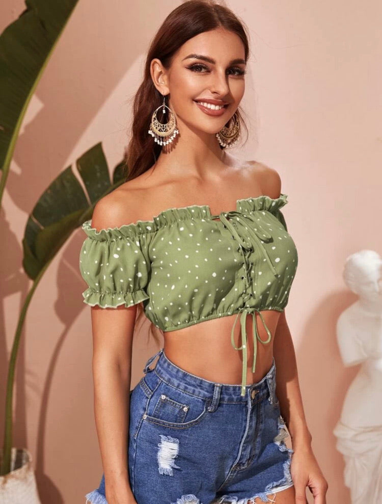 Frill Trim Bardot Lace Up All Over Print Top