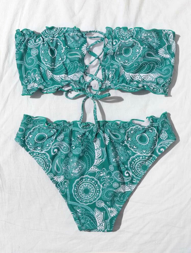Tribal Lettuce Trim Bandeau Bikini Swimsuit