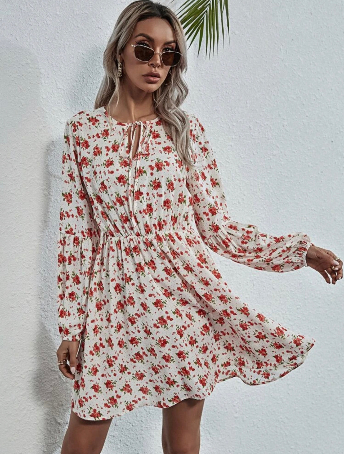 Tie Neck Lantern Sleeve Floral Dress