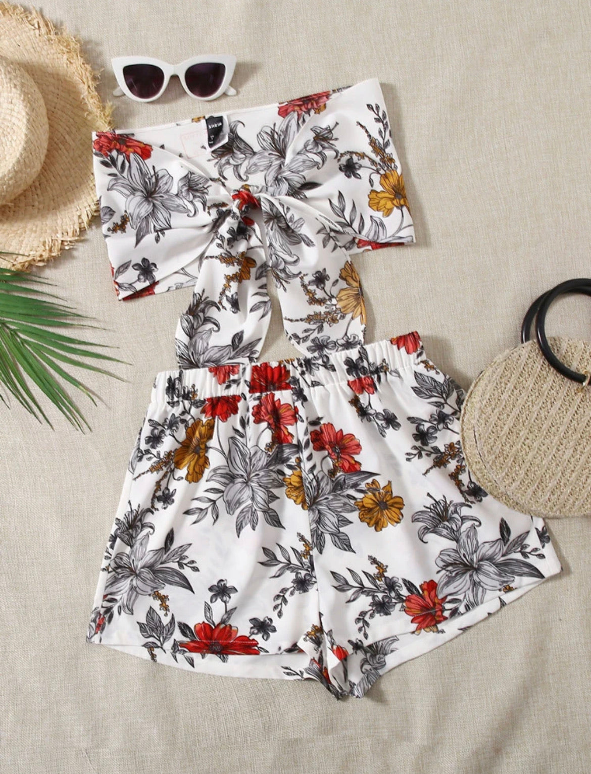 Tie Front Floral Tube Top & Shorts Set