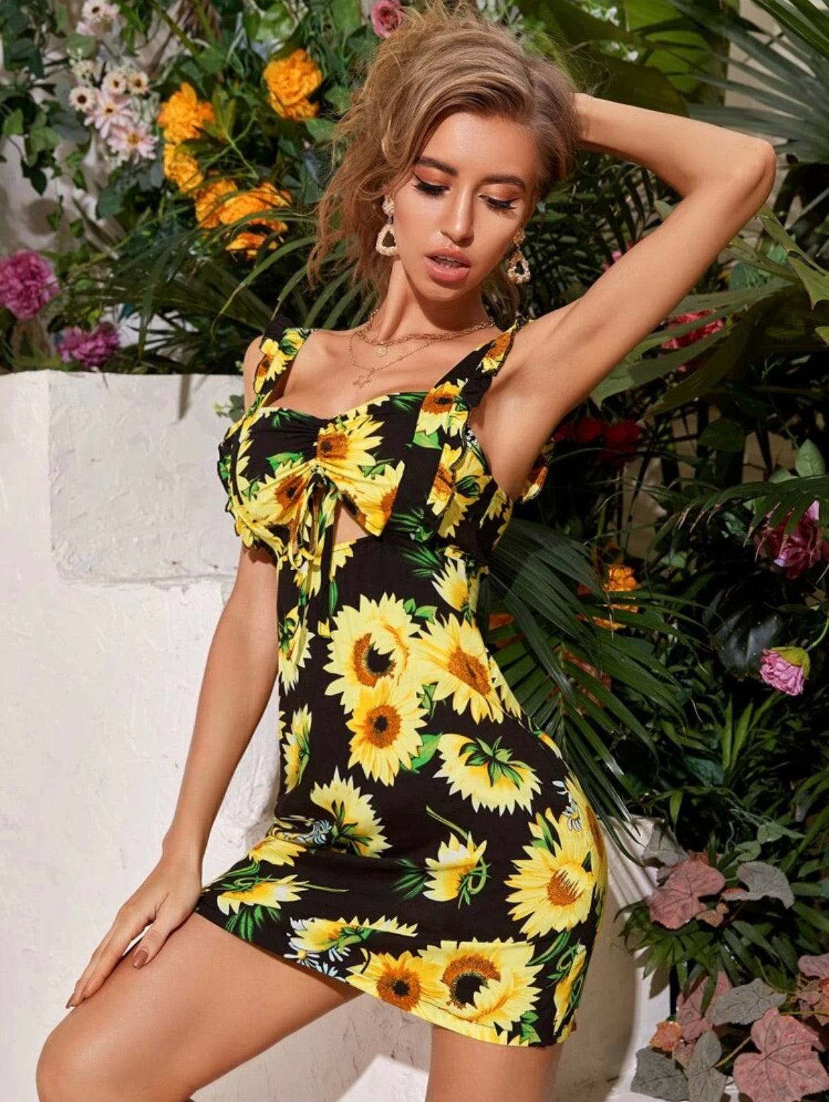 Sunflower Print Knotted Peekaboo Dress