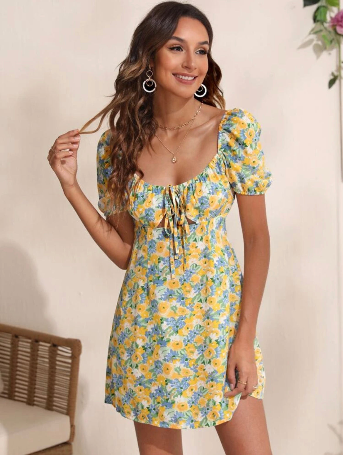 Floral Print Cut Out Detail Dress