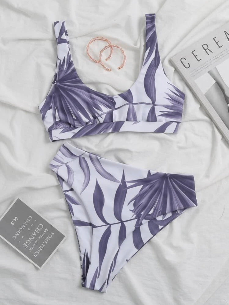 Palm Print High Waisted Bikini Swimsuit