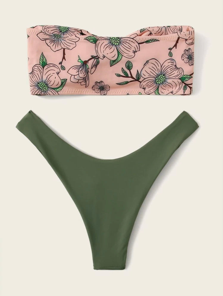Floral Knot Front Bandeau With High Cut Bikini Set