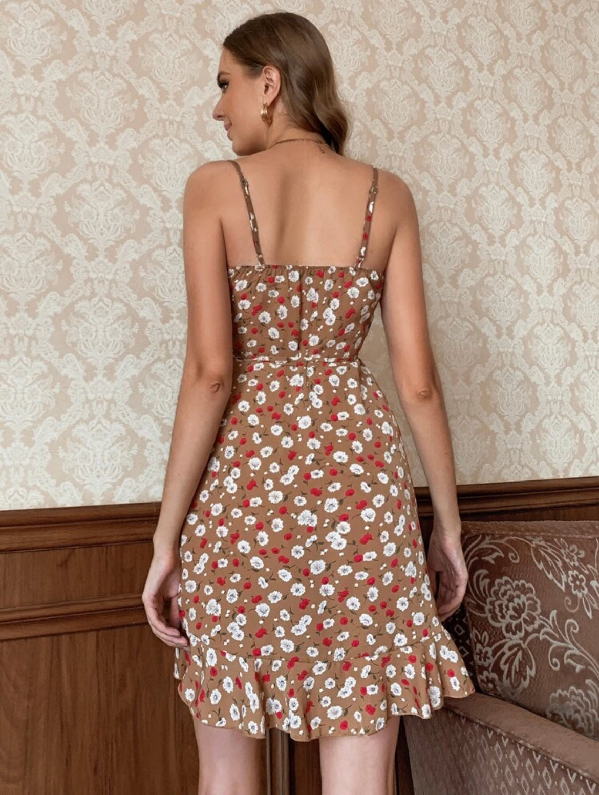 Allover Floral Print Ruffle Detail Wrap Belted Slip Dress