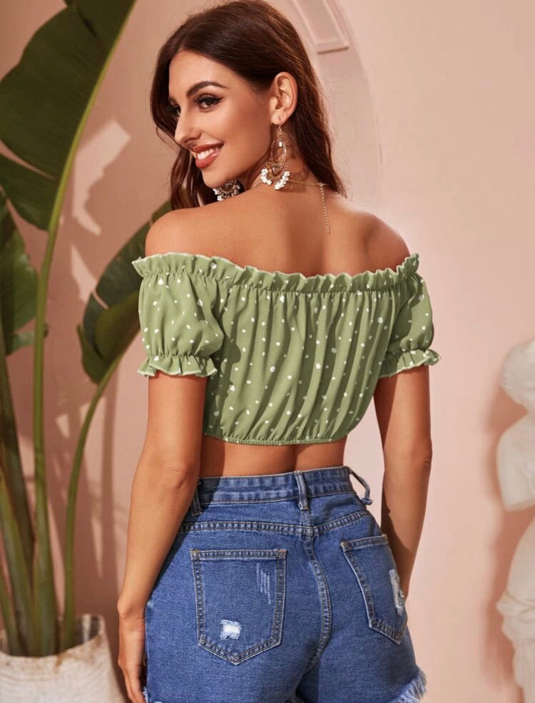 Frill Trim Bardot Lace Up All Over Print Top