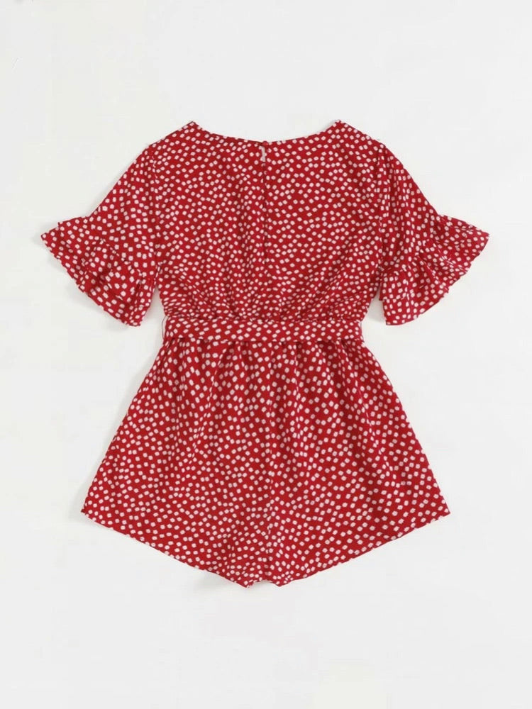 Ditsy Floral Flounce Sleeve Belted Romper