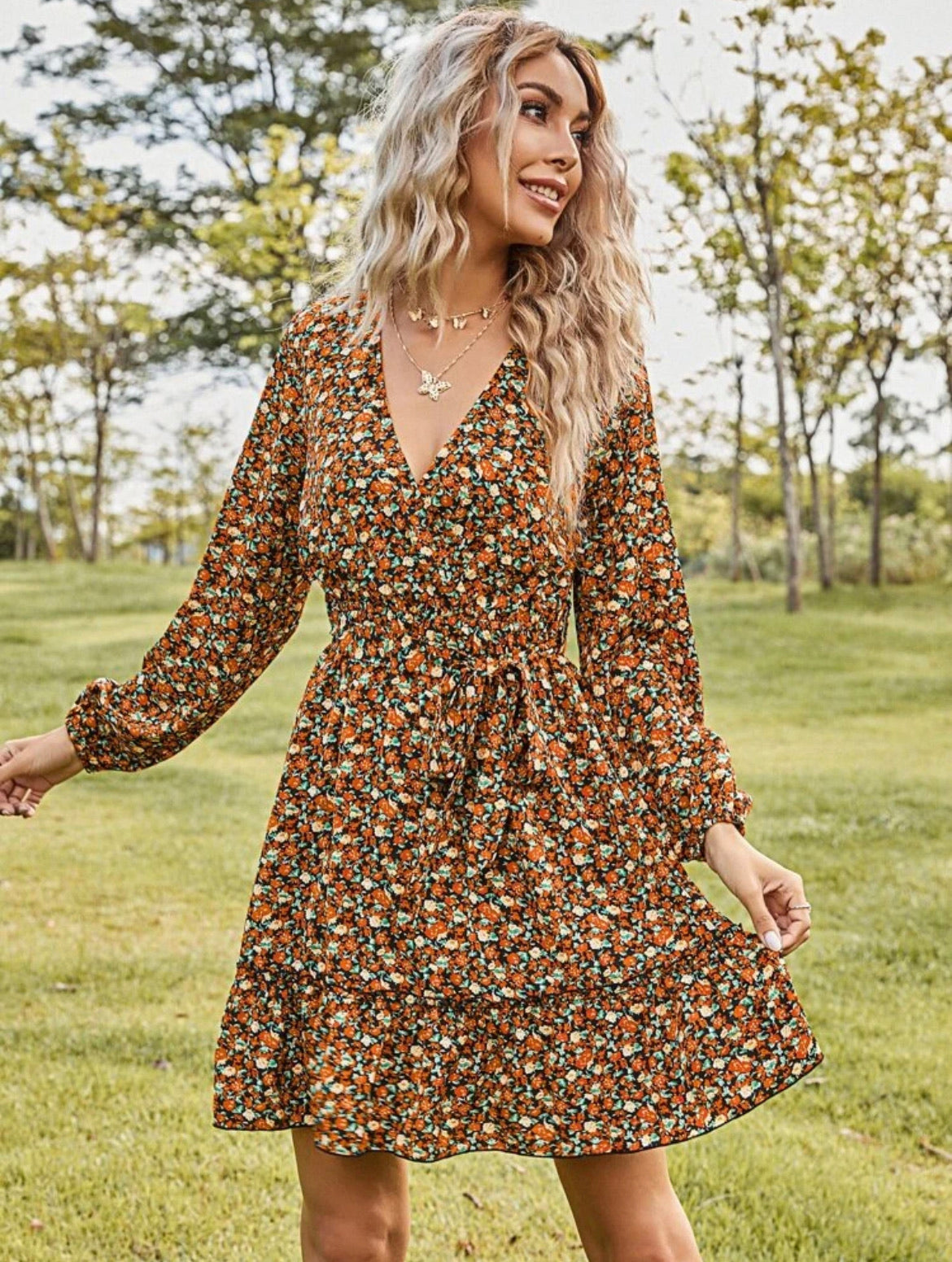 Allover Floral Print Ruffle Hem Belted Dress