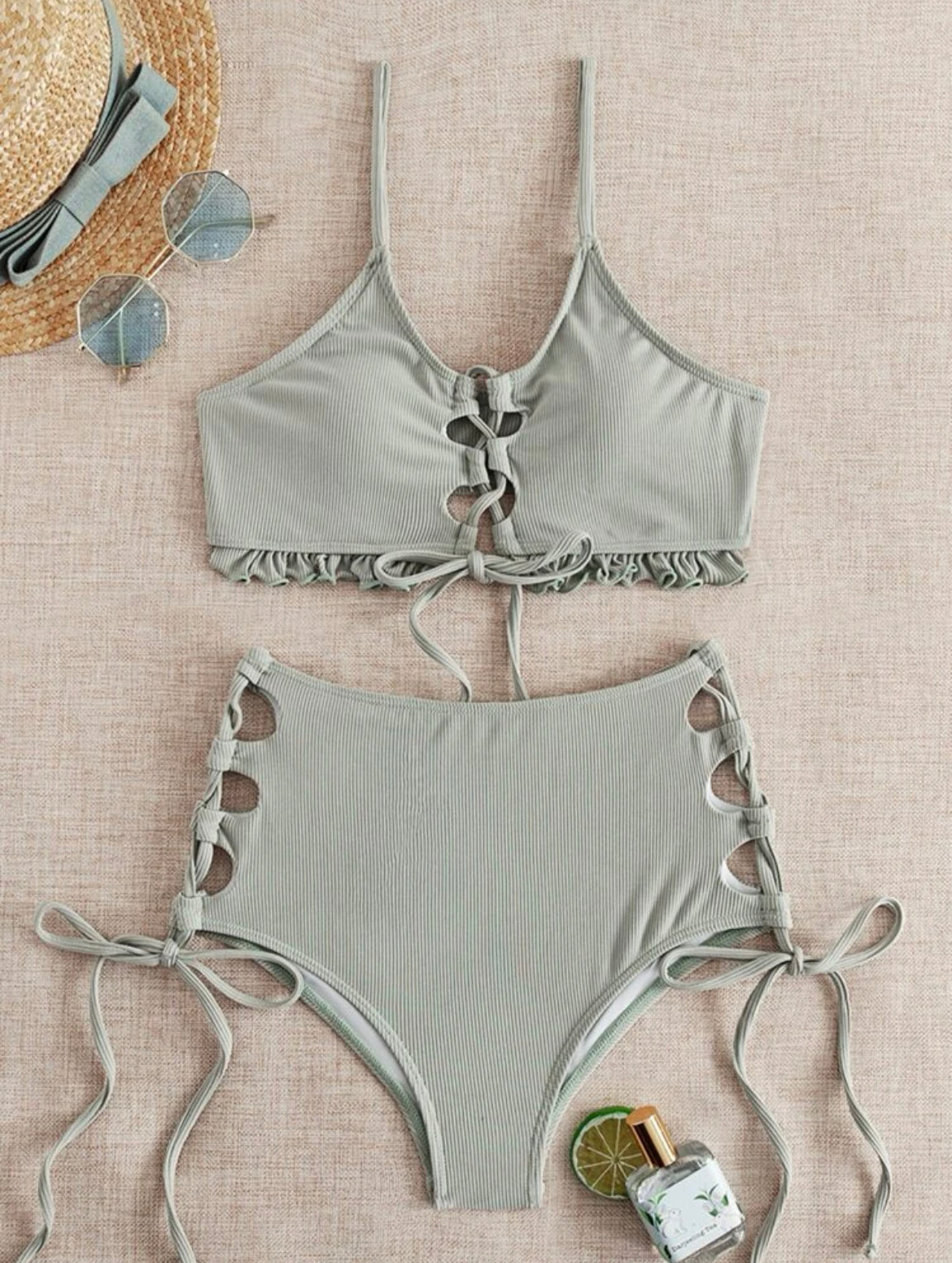 Rib Frill Trim Lace-up Bikini Swimsuit