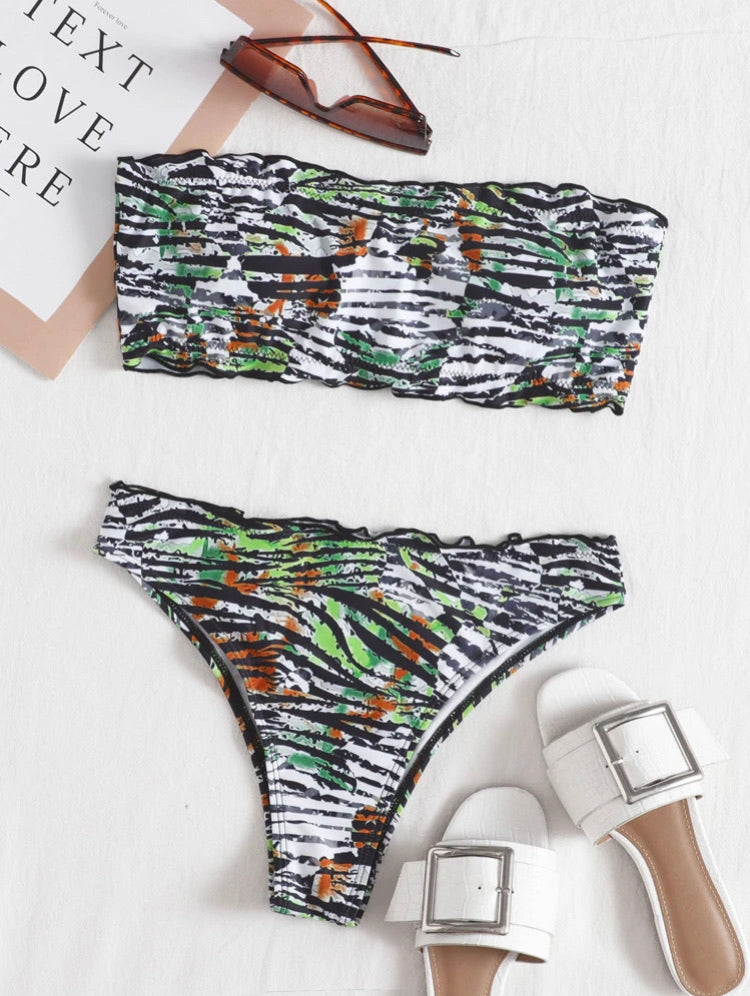 Allover Graphic Bandeau Bikini Swimsuit