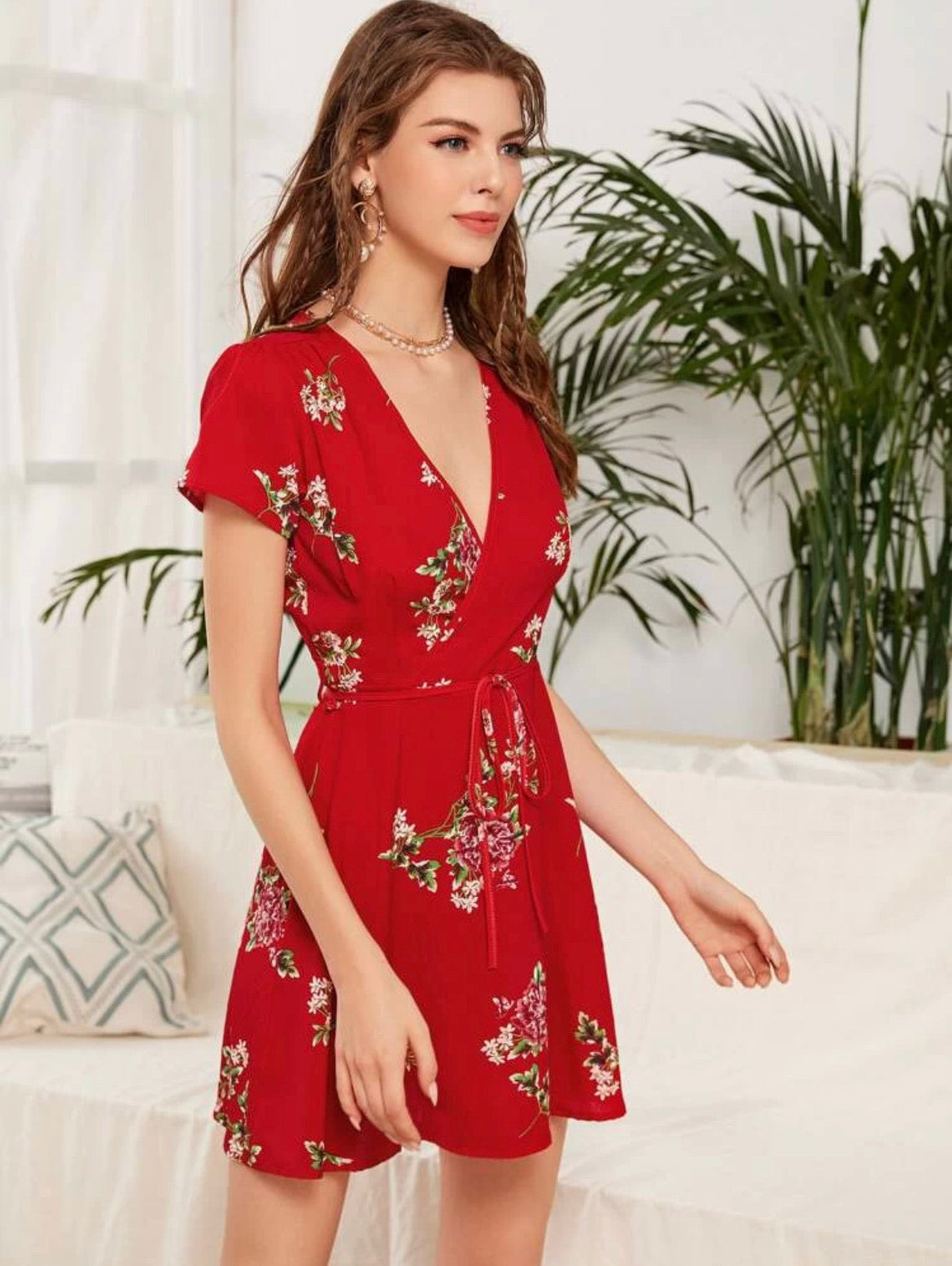 Surplice Neck Floral Print Belted Dress
