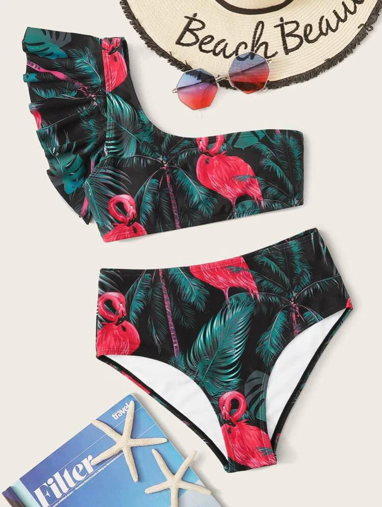 Flamingo One Shoulder High Waisted Bikini Swimsuit