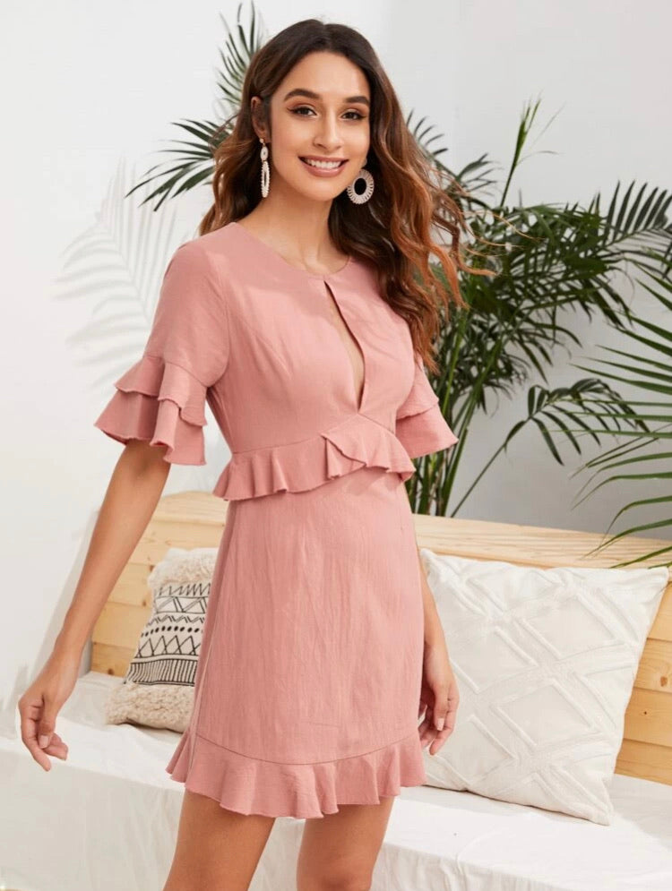 Keyhole Cut Flounce Sleeve A-line Dress