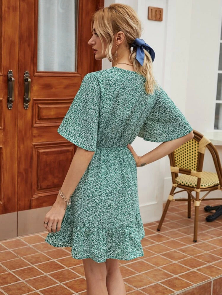 Surplice Neck Ruffle Hem Ditsy Floral Dress