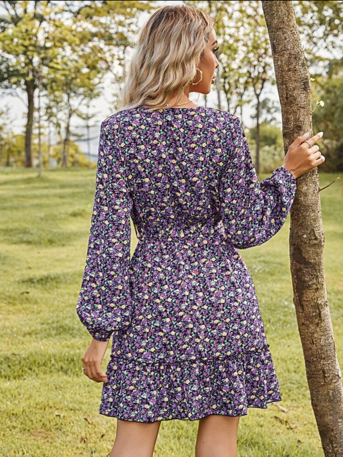 Allover Floral Print Ruffle Hem Belted Dress