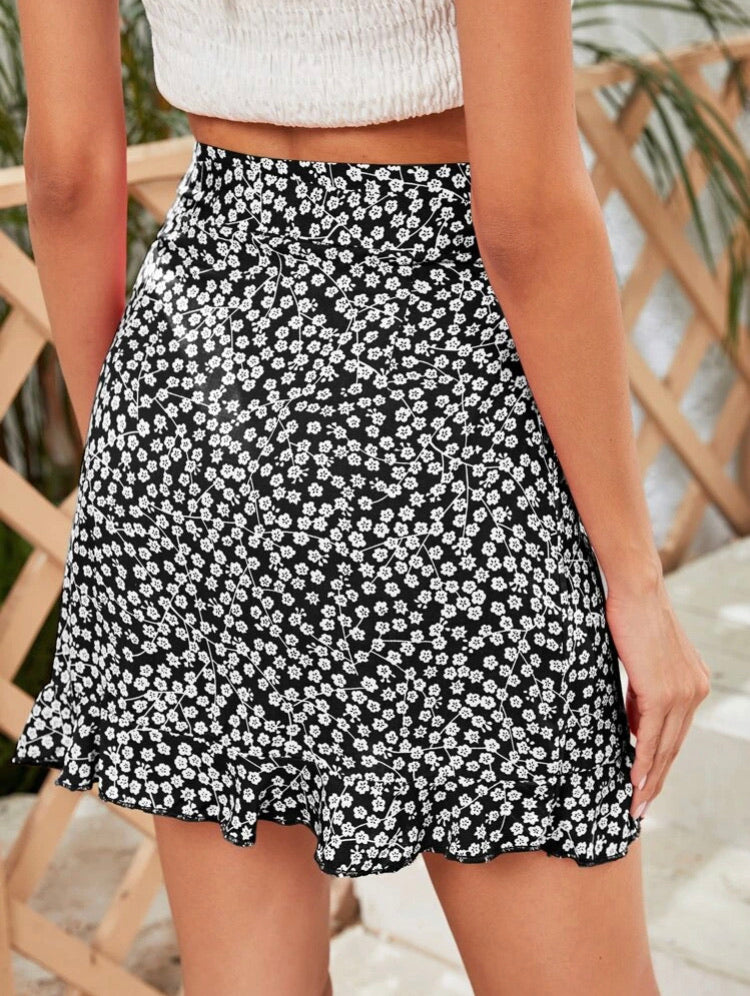 Ditsy Floral Ruffle Wrap Knotted Skirt