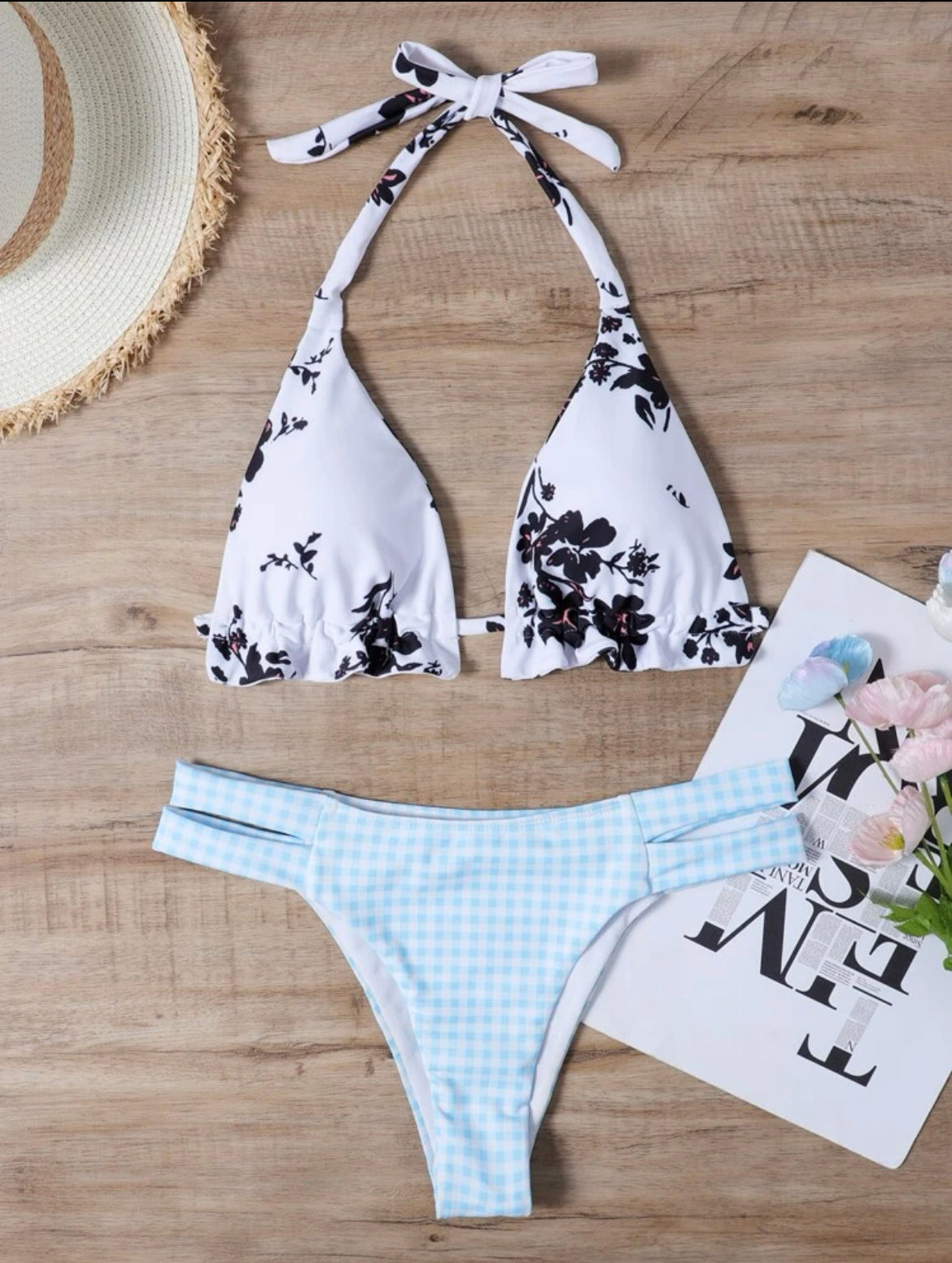 Floral & Plaid Print Ruffle Halter Bikini Swimsuit