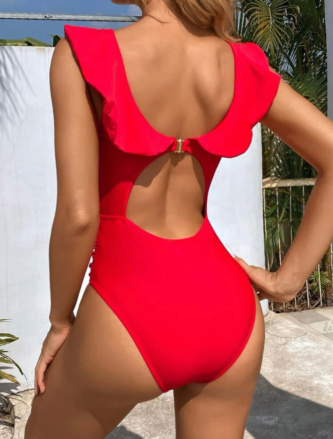 Ruffle Trim Cut-out Knot Front One Piece Swimsuit